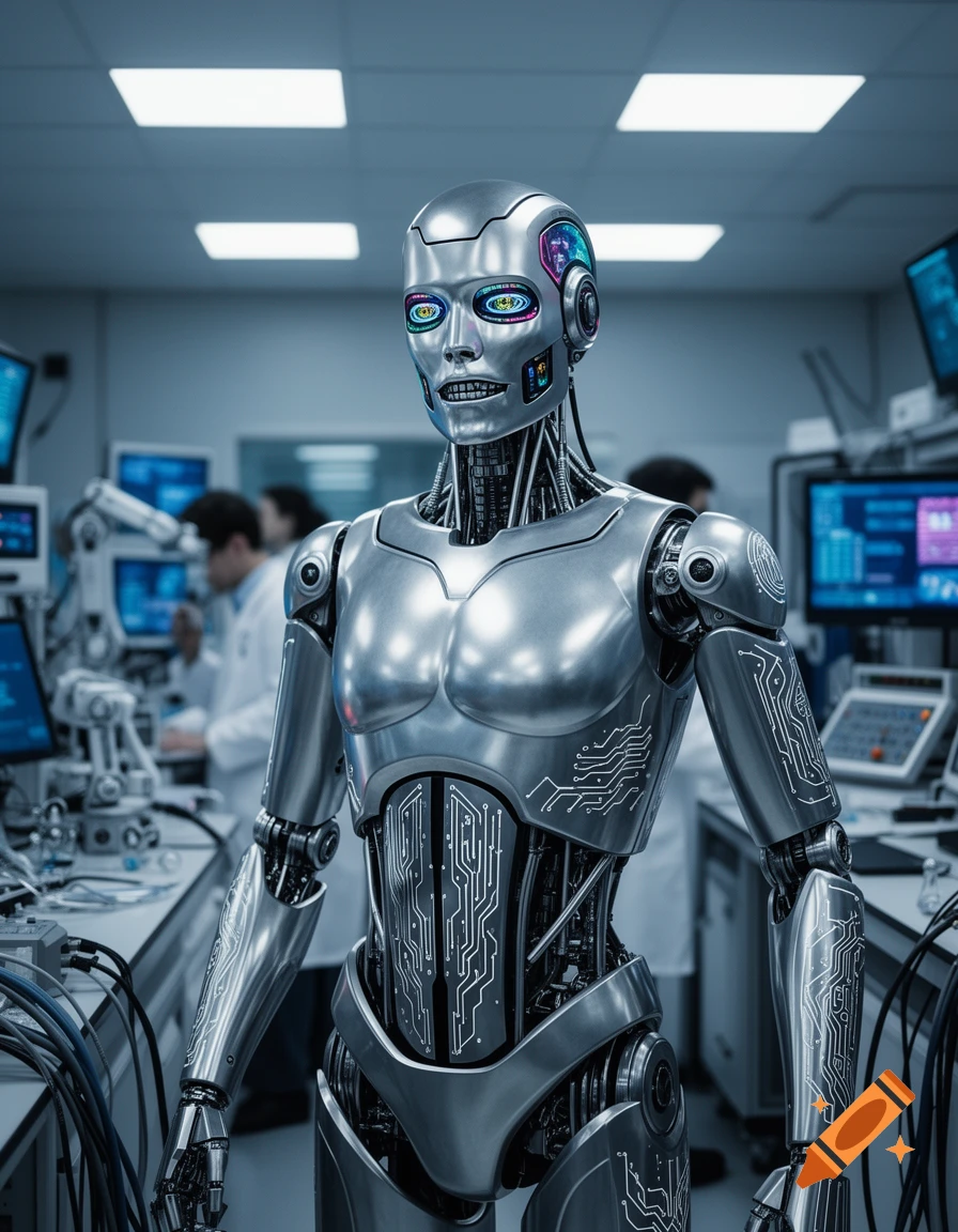 A photorealistic silver robot with glowing eyes stands in a high-tech laboratory, with blurred scientists in the background.