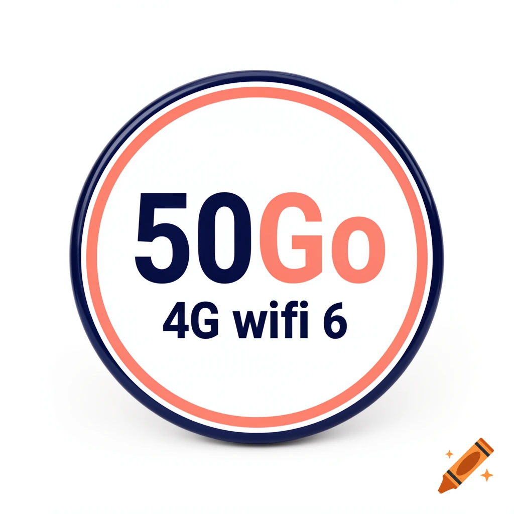 A round white pin with a dark blue outer ring and a thin coral inner ring. It displays "50Go" in large dark blue and coral text, with "4G wifi 6" in smaller dark blue text below.