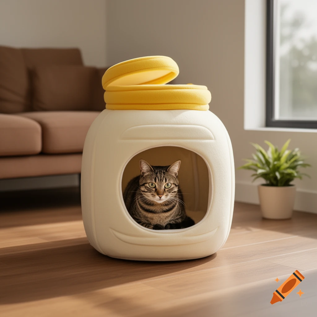 A tabby cat peeks from a large, cream-colored cat bed shaped like a mayonnaise jar with a yellow lid, in a sunlit room.
