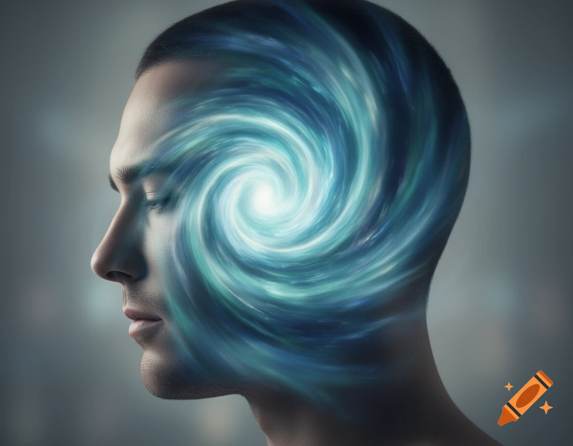 Profile of a man's head with eyes closed, featuring a bright blue and teal swirling vortex emerging from his temple.