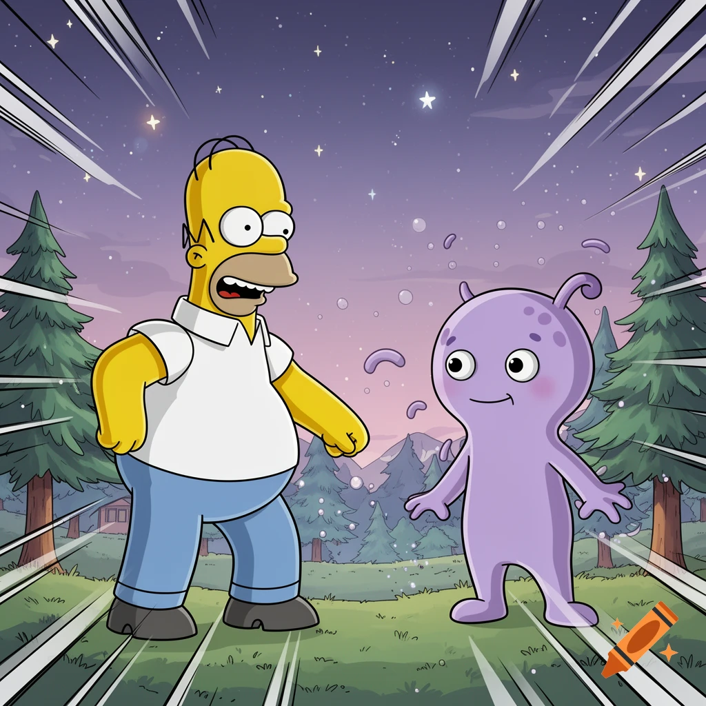 Homer Simpson stands surprised, facing a small purple alien with a simple smile, in a cartoon style forest at night.