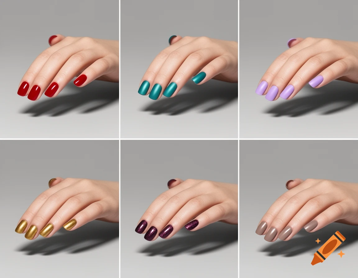 Six images of hands with manicured nails in red, teal, lavender, gold, plum glitter, and taupe colors on a gray background.