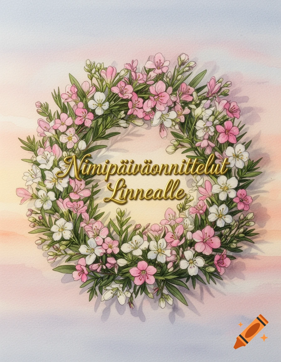 A watercolor-style floral wreath with pink and white flowers and green leaves on a pastel background, with golden text that says "Nimipäiväonnittelut Linnealle" in the center.