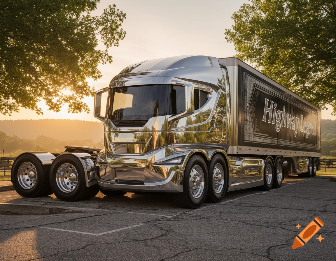 A futuristic, chrome semi-truck with 'Highway Legend' on its trailer is parked at sunset.