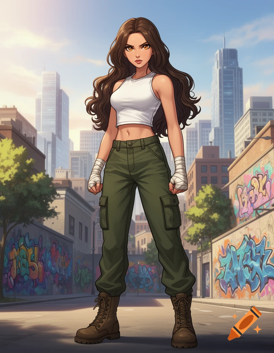 An anime-style girl with long brown hair, a white crop top, cargo pants, and wrapped fists stands on an urban street with graffiti.