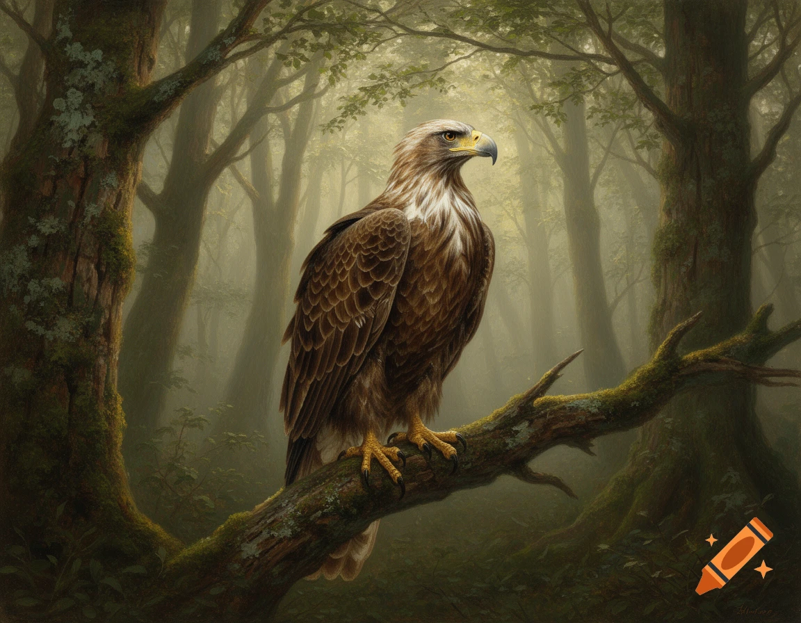 An eagle perches on a mossy branch in a misty, atmospheric woodland painting.
