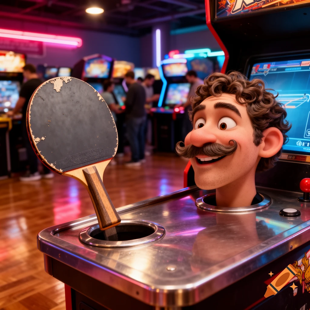 A cartoon man's head with a mustache pops out of an arcade machine, next to a ping pong paddle sticking out of another hole, in a brightly lit arcade.