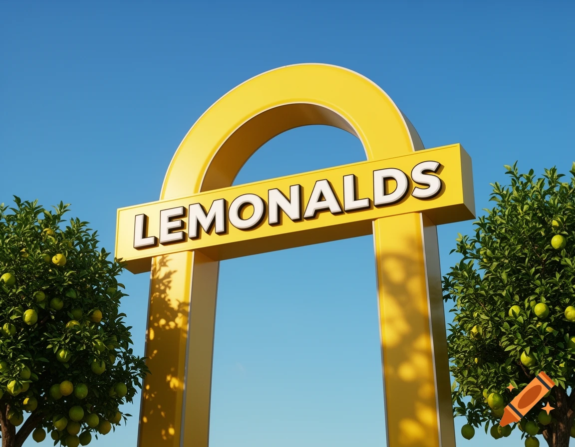 Photorealistic yellow archway sign reading LEMONALDS, flanked by lemon trees under a blue sky.