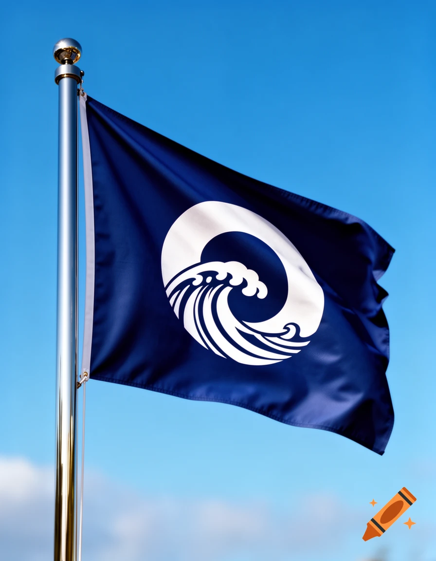 The dark blue flag of Okinawa Prefecture with a white circular wave symbol, flying against a clear blue sky.