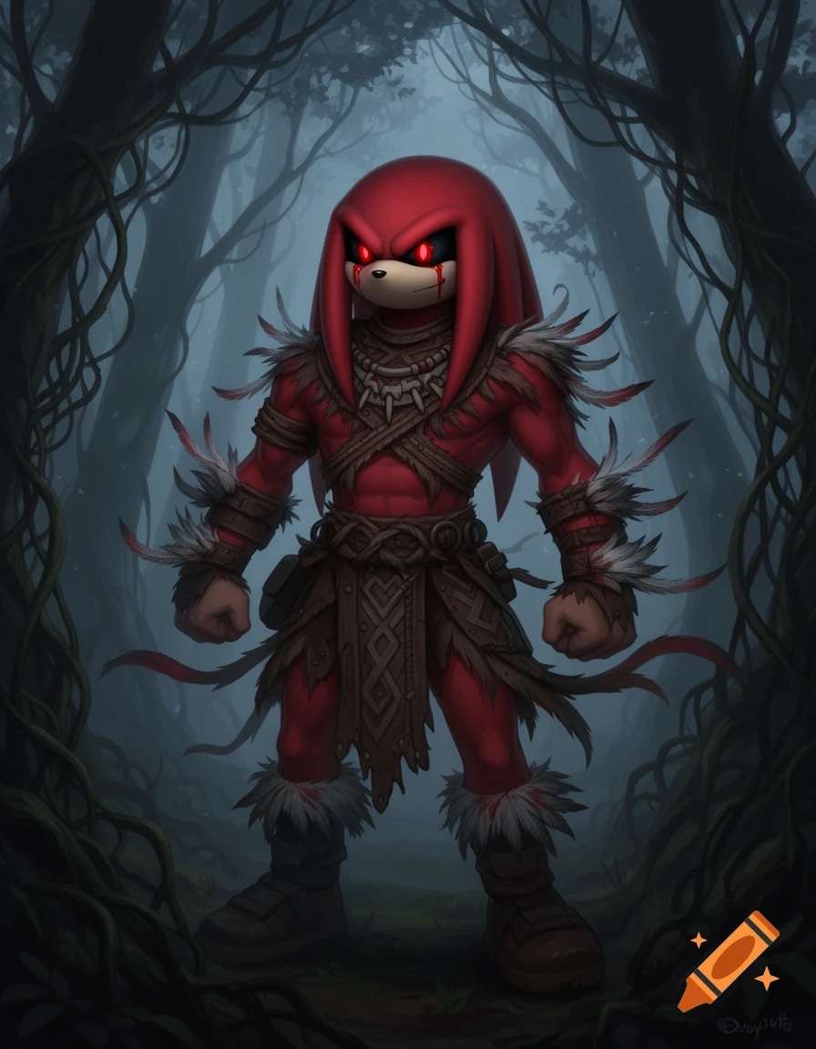 Knuckles the Echidna in red tribal attire with blood-weeping eyes stands in a dark, misty forest, depicted in a digital art style.