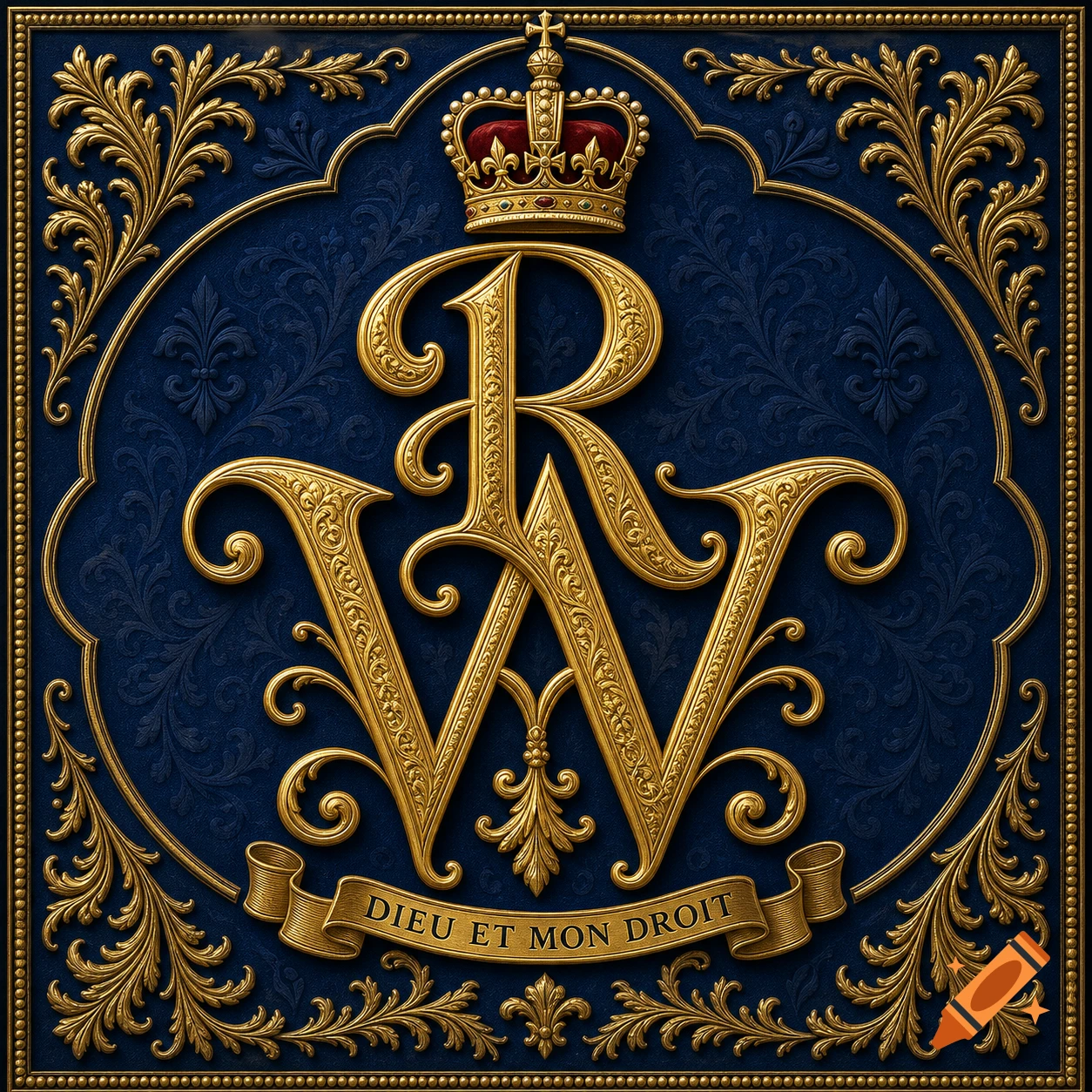 Ornate gold monogram featuring intertwined 'W' and 'R' initials topped by a royal crown, set on a deep blue textured background with a banner displaying 'DIEU ET MON DROIT'.