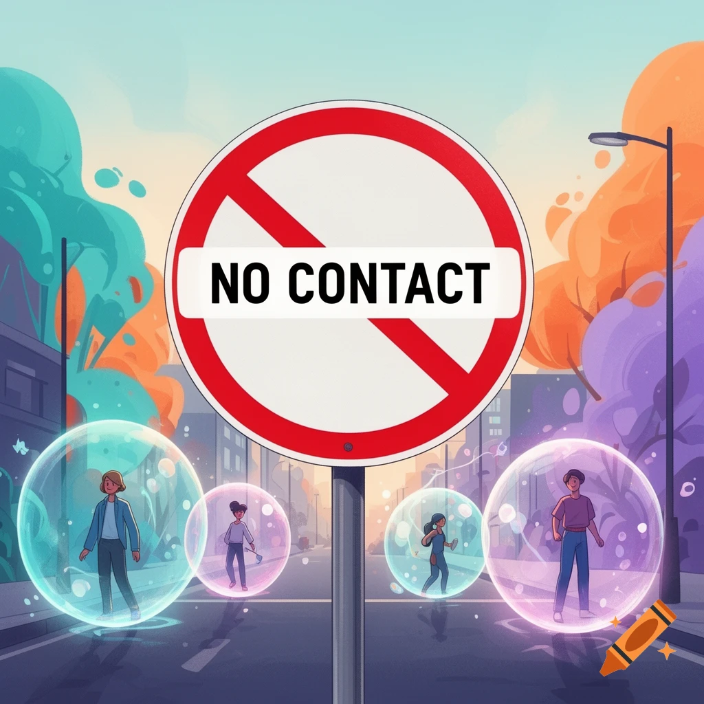 An illustration of a red and white 'NO CONTACT' prohibition sign above people in glowing personal bubbles on a city street.