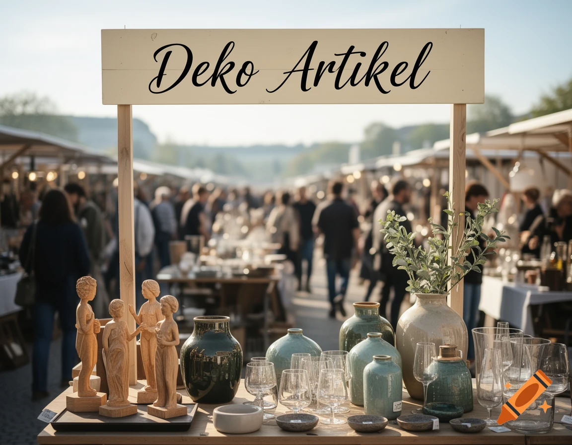 A market stall laden with various decorative items including wooden figures, ceramic vases, and glassware, under a sign reading "Deko Artikel" with blurred crowds in the background.