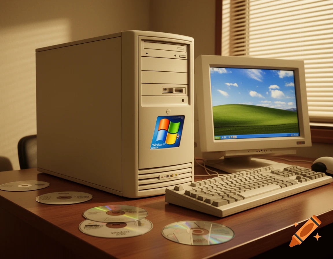 A beige retro desktop computer with a CRT monitor displaying the Windows XP 'Bliss' wallpaper, a keyboard, and CDs on a wooden desk.