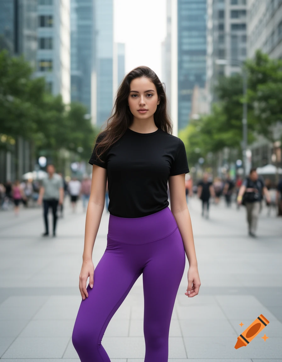A young woman in a black t-shirt and purple leggings poses on an urban street with tall buildings.