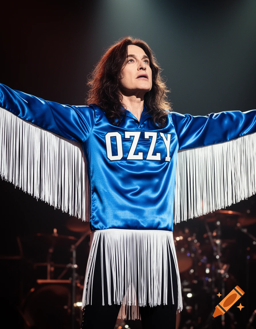 A man resembling Ozzy Osbourne in a blue satin shirt with 'OZZY' text and white fringe, arms outstretched on a dark stage.