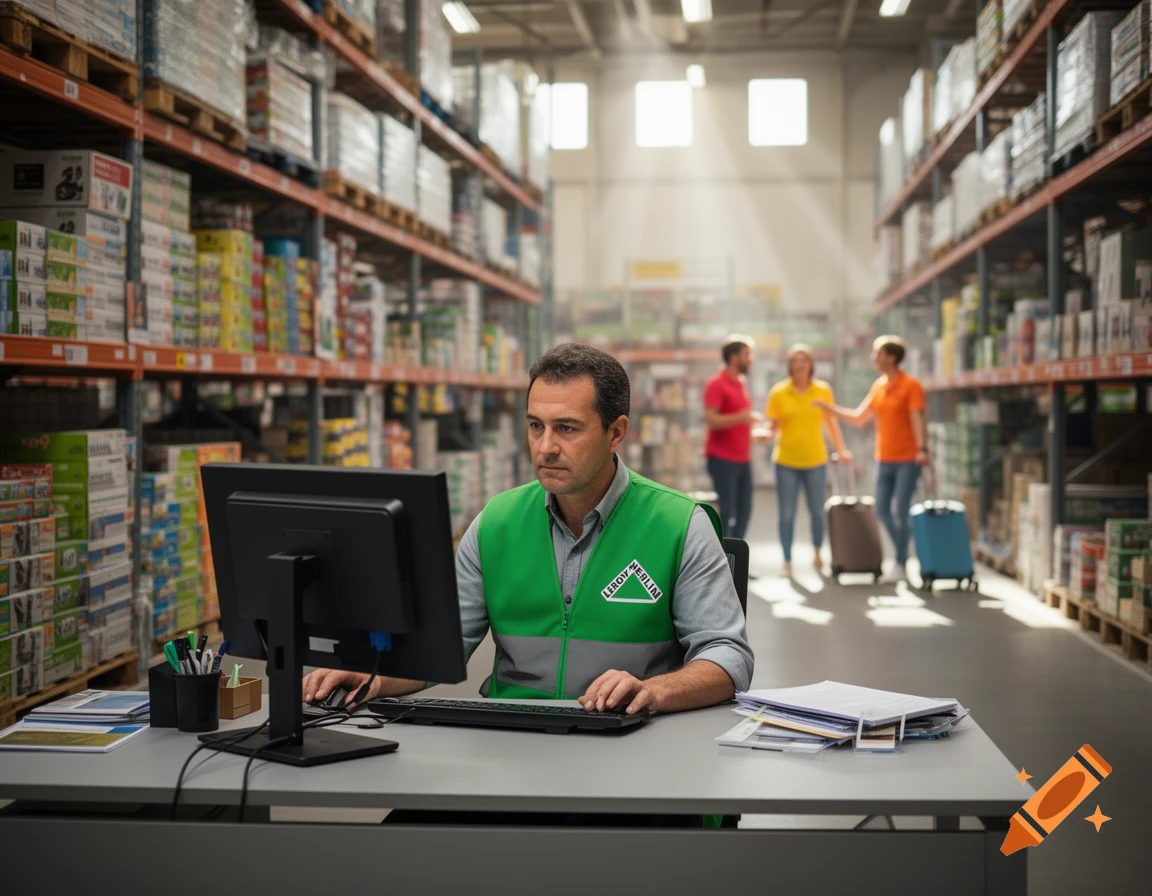 A man in a green vest works at a computer in a large, brightly lit warehouse, with distant figures walking with luggage.