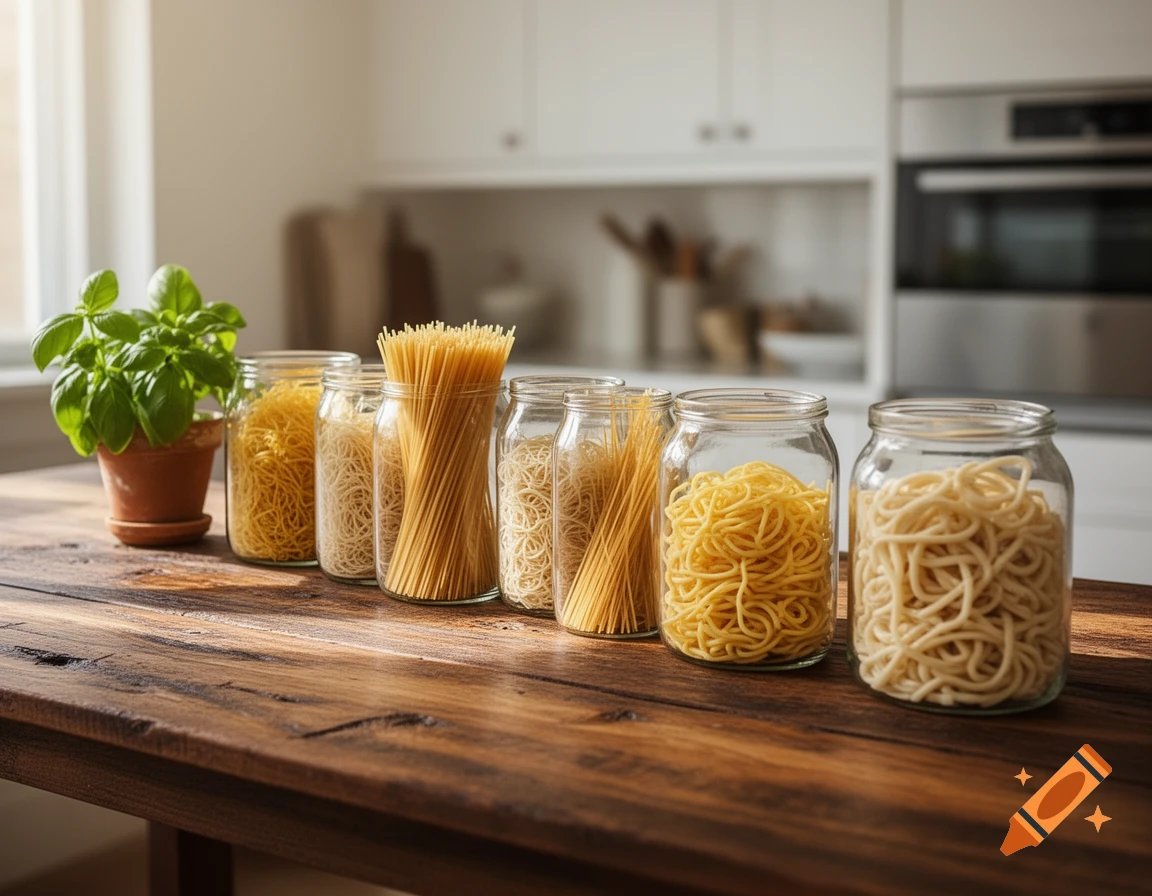 Jars of various dry pasta, including spaghetti and noodles, sit on a wooden table next to a potted basil plant in a bright kitchen.