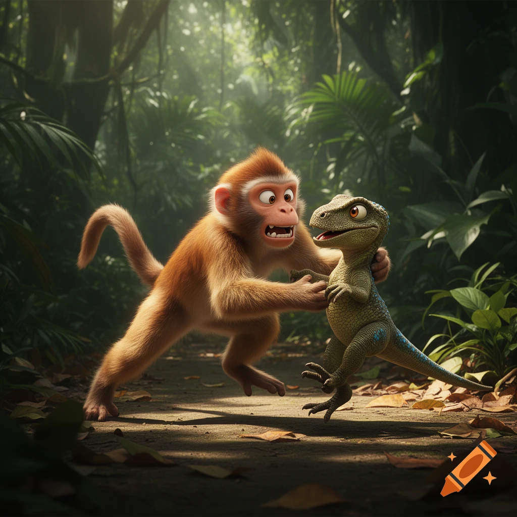 A cartoon monkey with wide eyes gently holds a small green dinosaur on a jungle path.