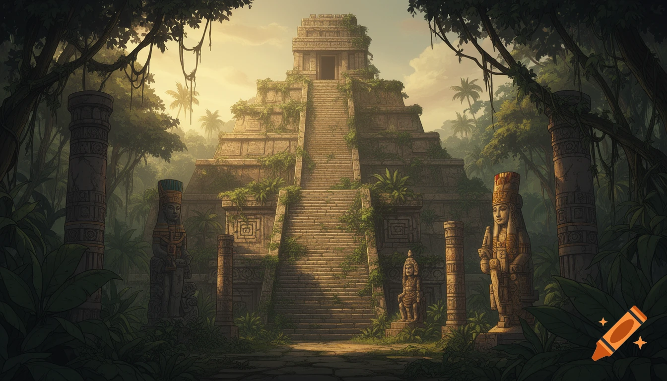 A monumental ancient temple, overgrown with dense jungle vegetation, featuring large stairs, statues, and columns under a golden sky, in an adventure art style.