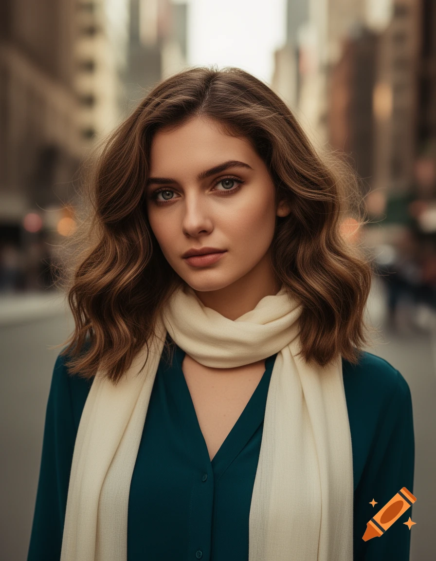 Photorealistic portrait of a woman with brown wavy hair and blue eyes, wearing a teal blouse and cream scarf, on a city street.