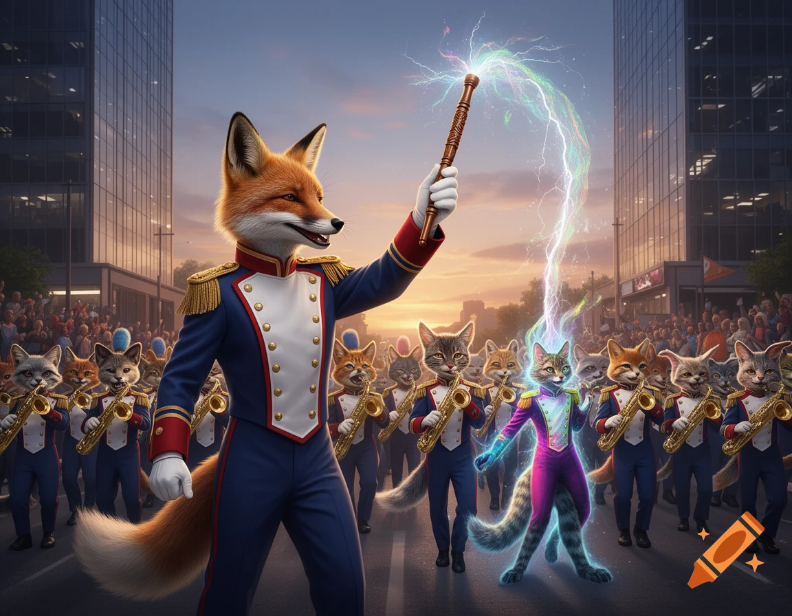 An anthro fox drum major in uniform leads a furry marching band on a city street, holding a glowing baton above a glowing cat musician.