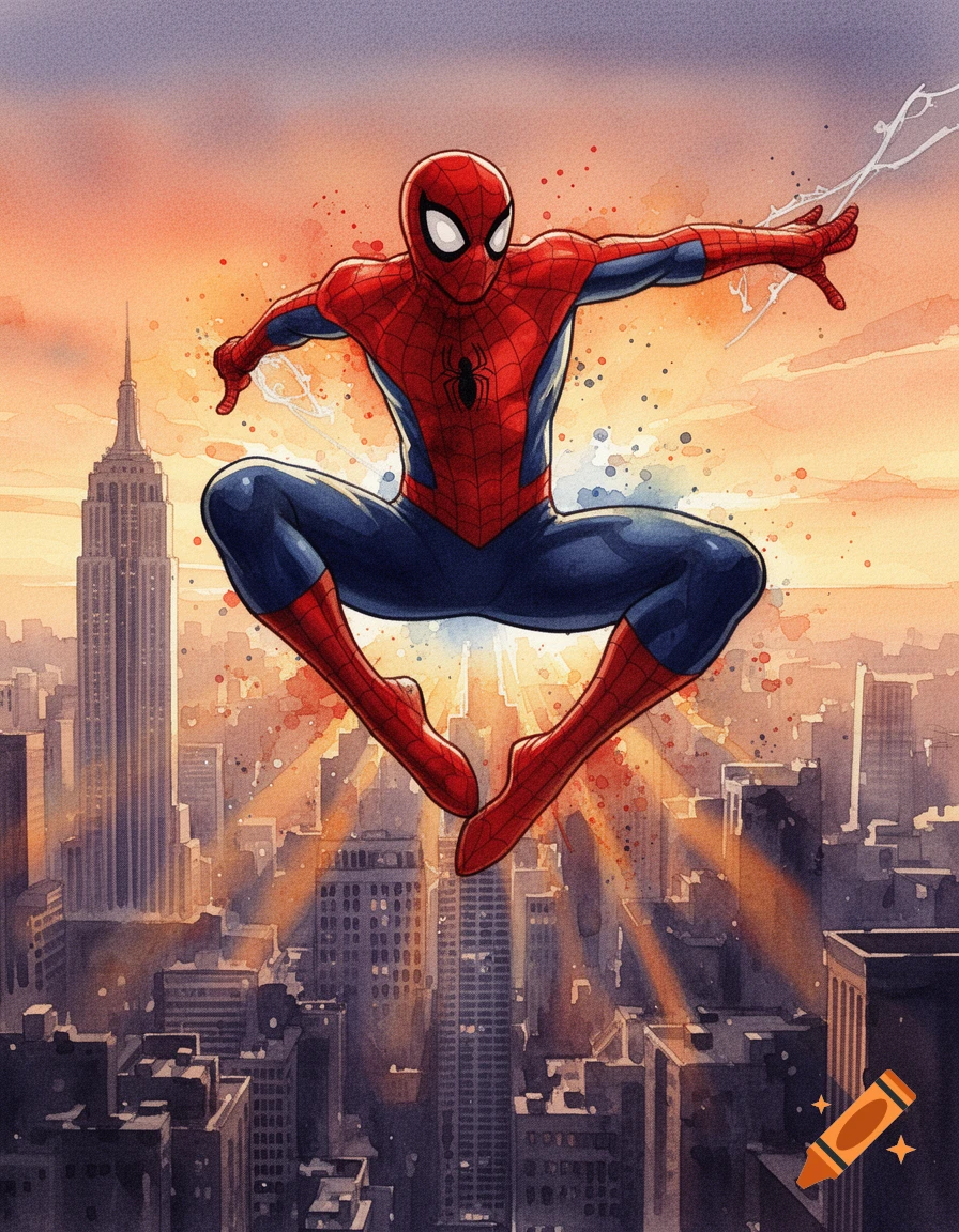Watercolor illustration of Spider-Man leaping over a vibrant city skyline at sunset, with the Empire State Building in the background.