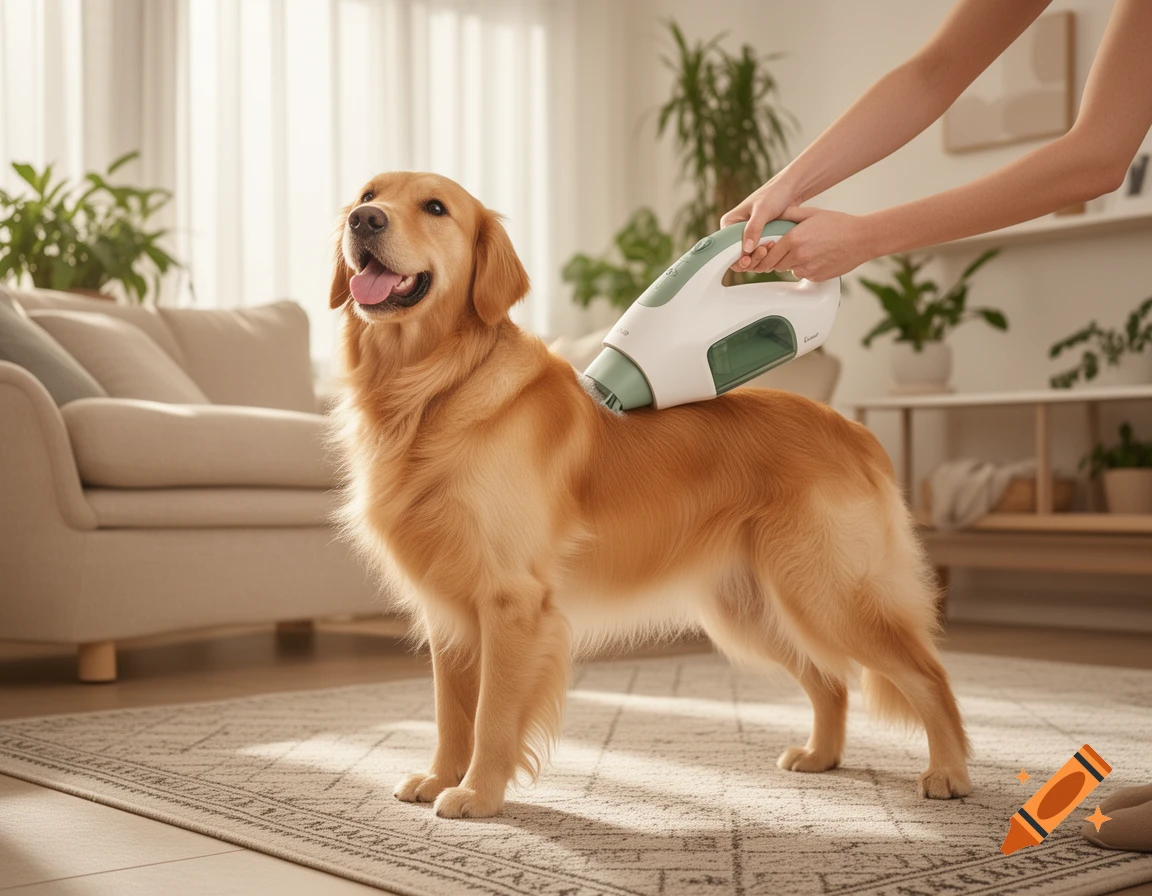 A happy golden retriever is groomed with a white and sage green handheld vacuum in a cozy living room in a lifestyle photo.