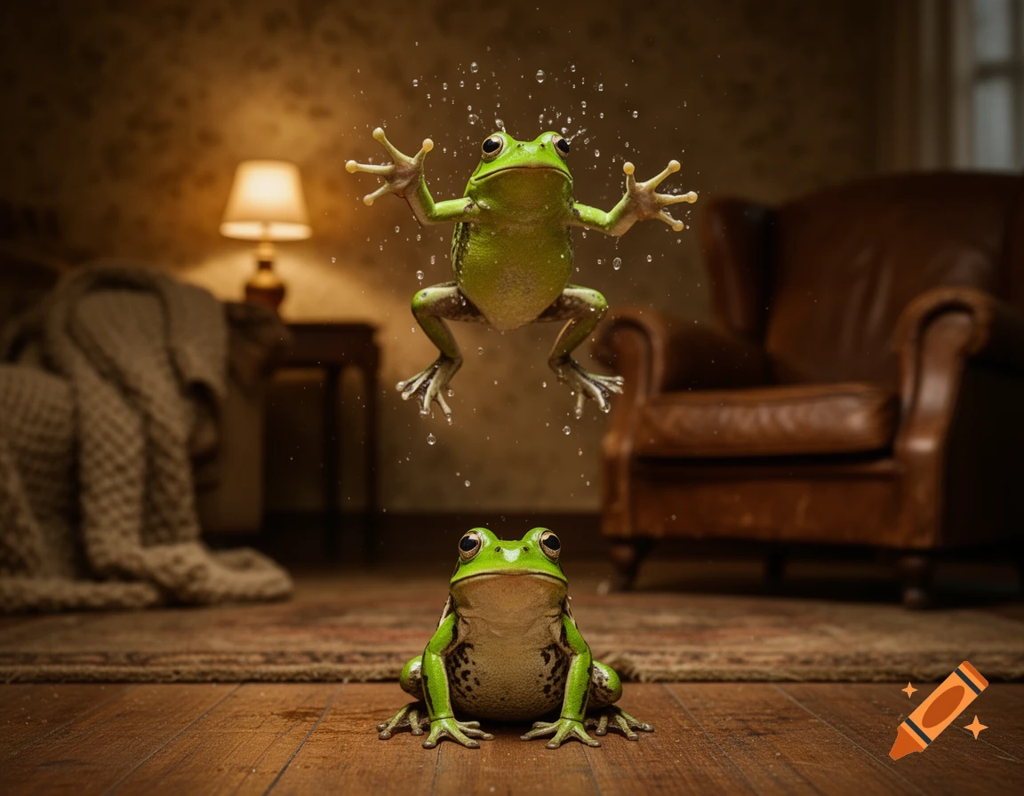 Photorealistic image of two green frogs in a dimly lit house, one jumping with water droplets, another on the floor.