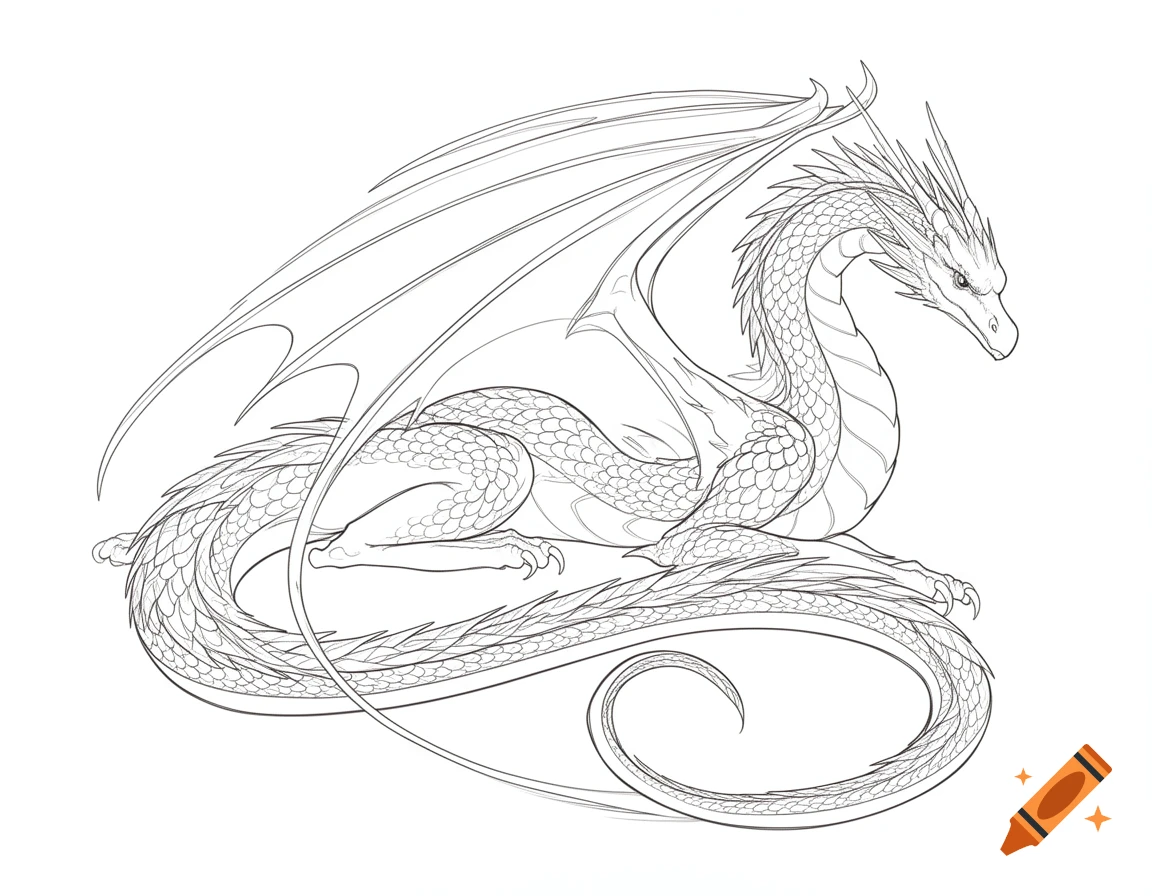A detailed line drawing of a winged dragon lying down, on a white background.
