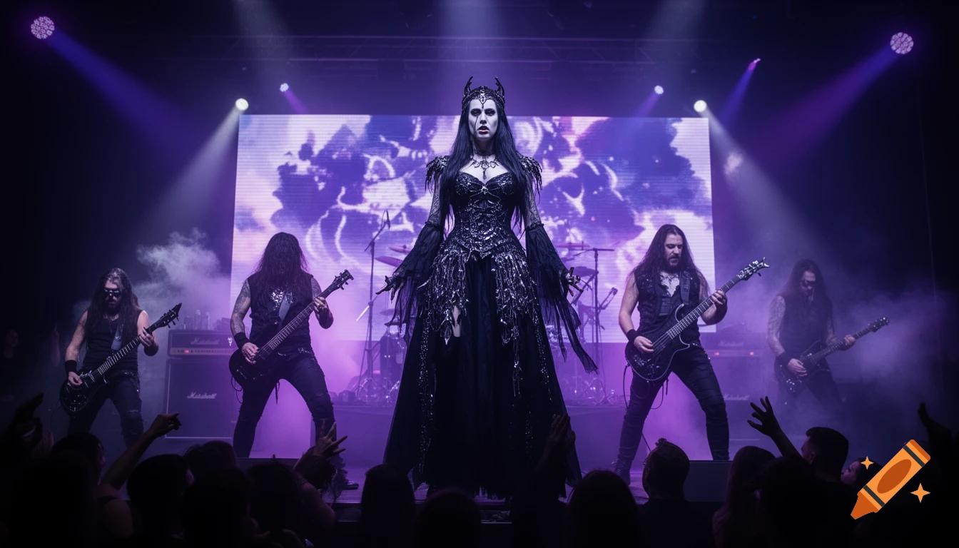 A gothic metal band with a female vocalist performing on a stage under purple lights, with guitarists and an audience in silhouette.