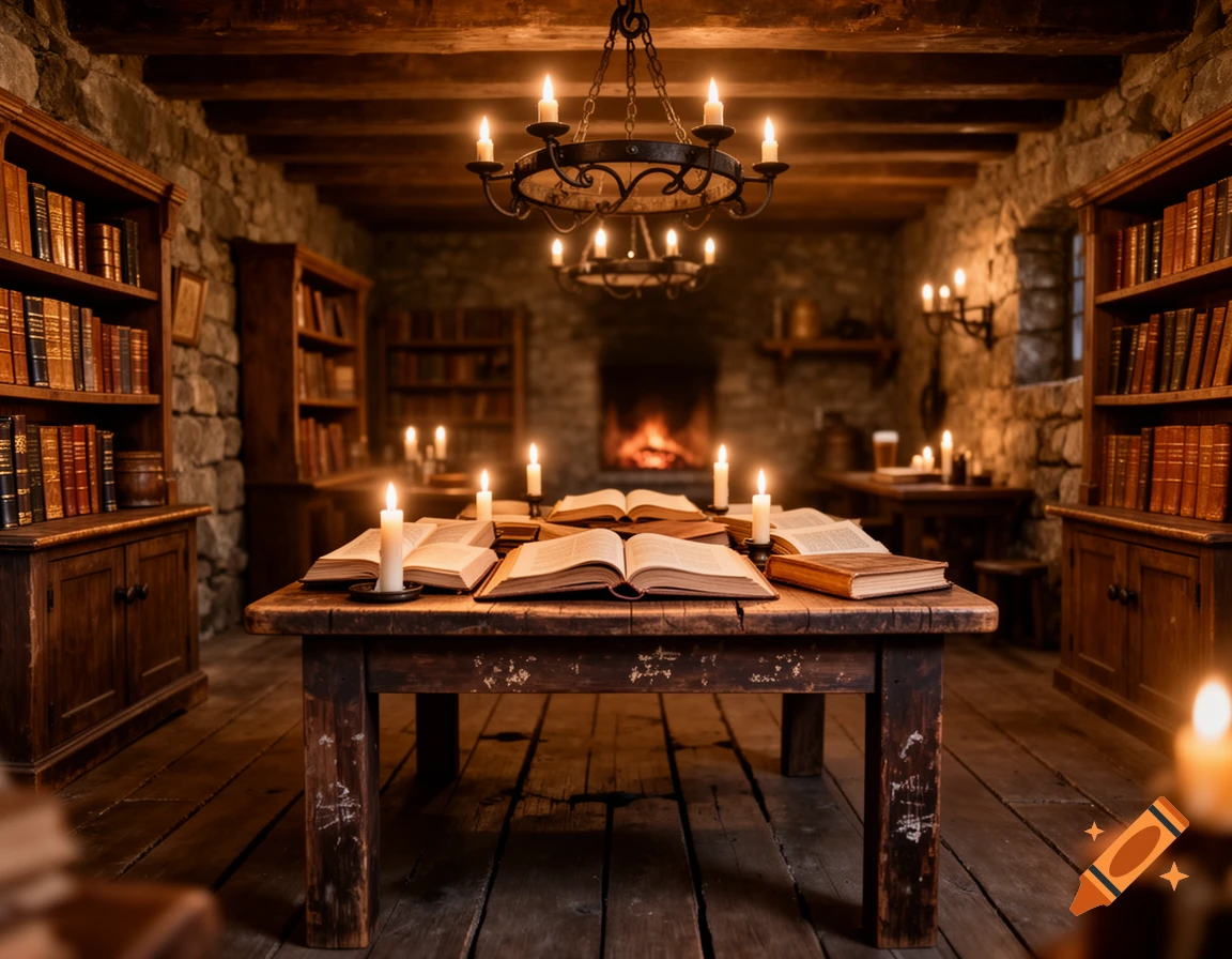 Warmly lit medieval-style library with tall bookshelves, a wooden table holding open books and burning candles, and a fireplace.