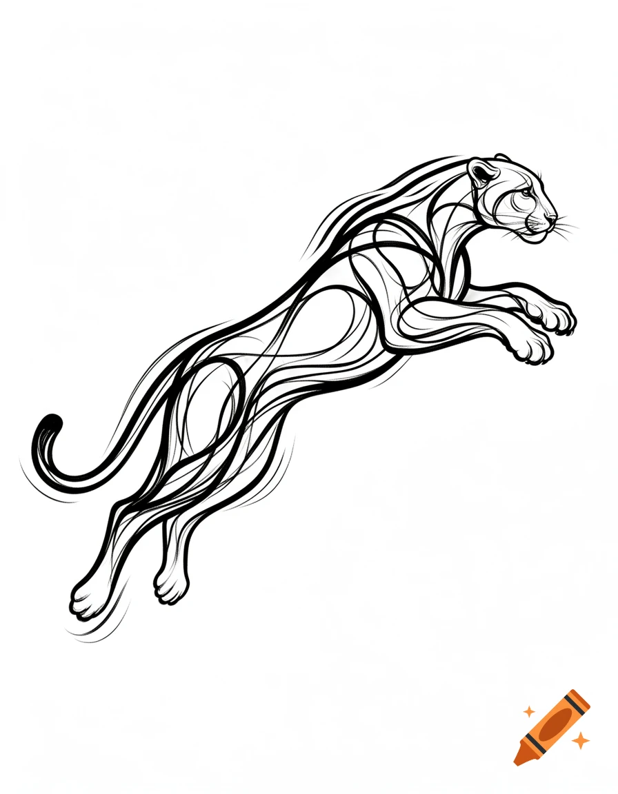 An abstract black line art illustration of a leaping leopard, rendered in a dynamic tattoo style on a white background.