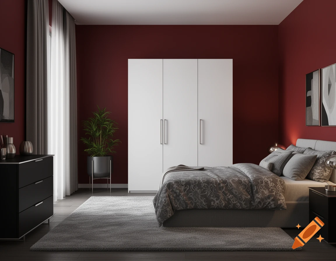 Modern bedroom with dark red walls, a grey bed with patterned bedding, a white wardrobe, and a black dresser.