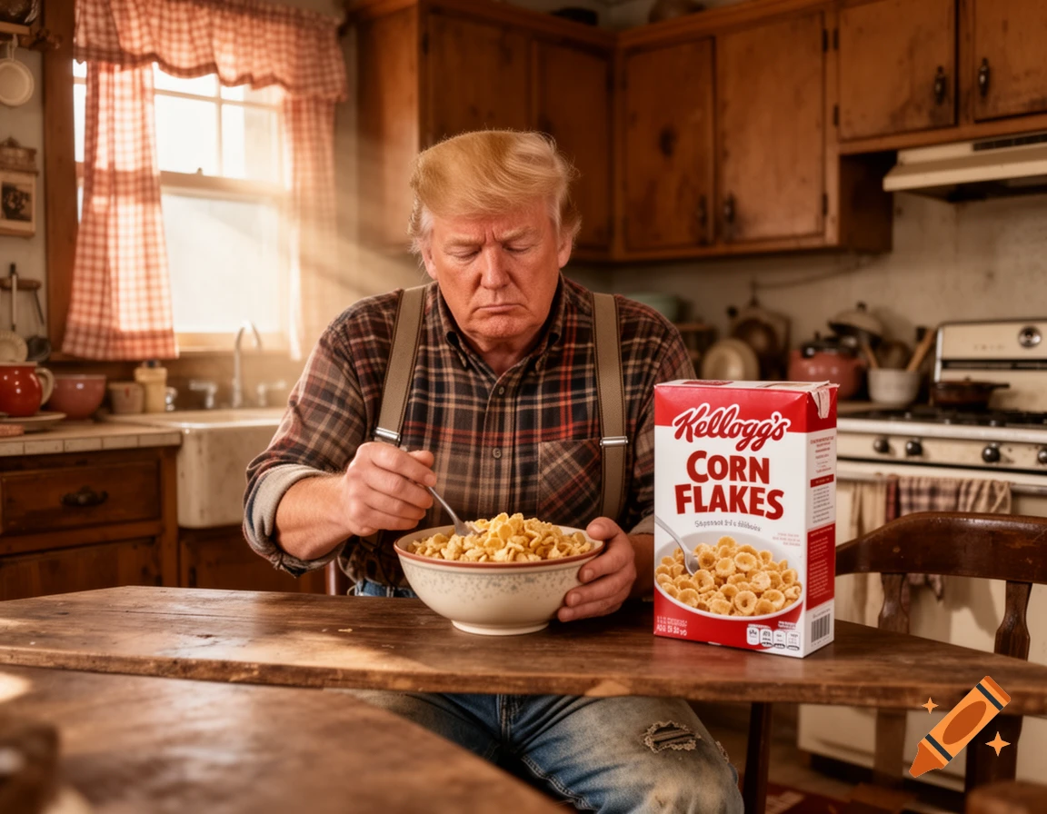 Donald Trump, dressed as Jethro Bodine, solemnly eats cereal from a bowl at a rustic kitchen table, with a box of Kellogg's Corn Flakes beside him.