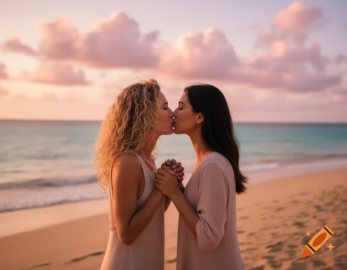Two women kiss and hold hands on a beach at sunset, with a vibrant sky.