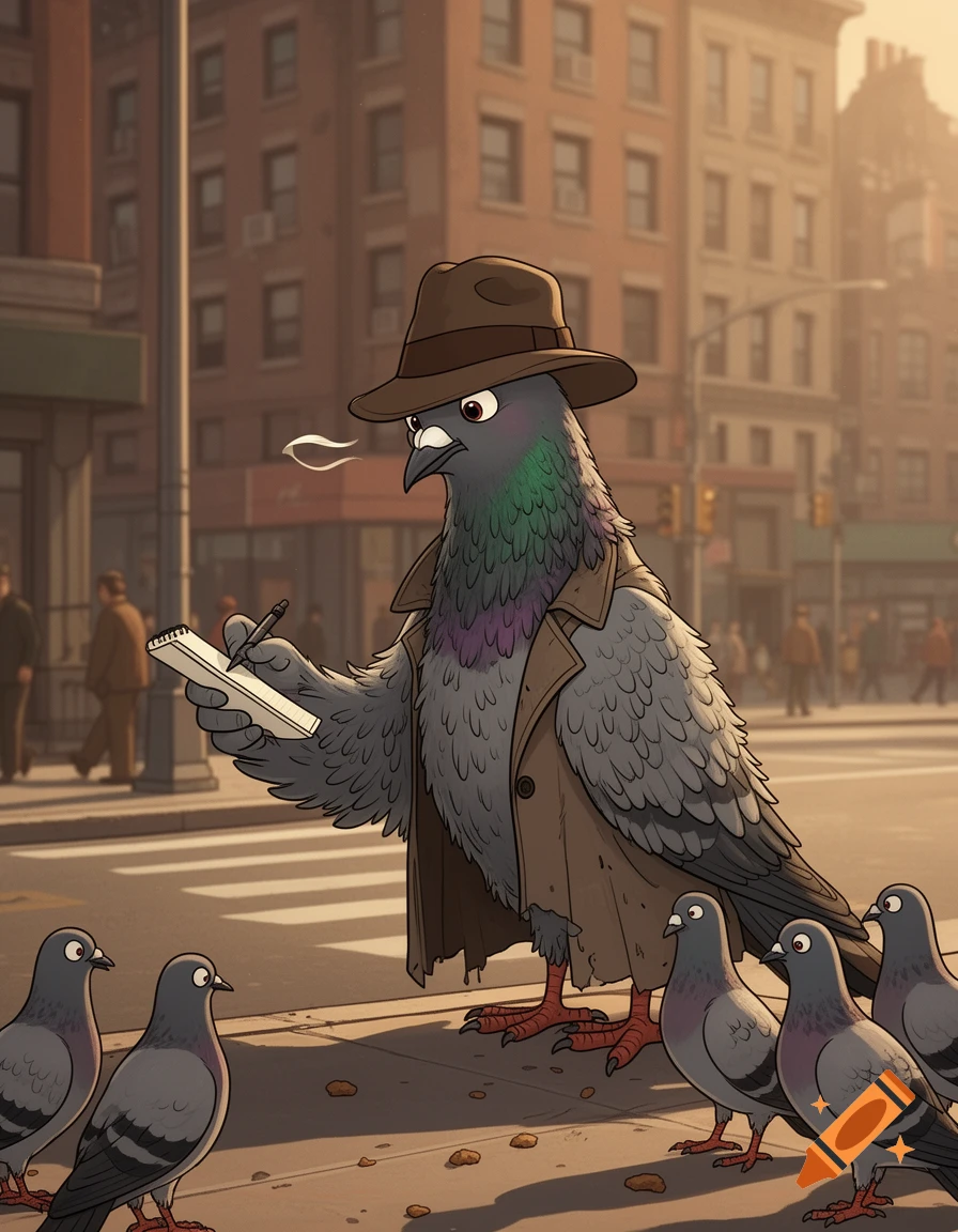 An anthropomorphic pigeon detective in a trench coat and fedora holds a notepad and pen on a city street, surrounded by other pigeons in 2D animation style.