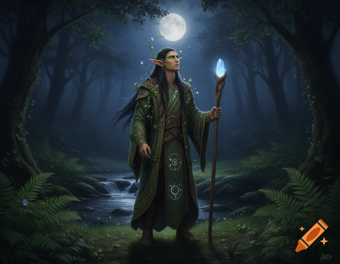 A male wood elf with long dark hair, pointed ears, and glowing green eyes, stands in a dark forest under a full moon, holding a glowing staff.