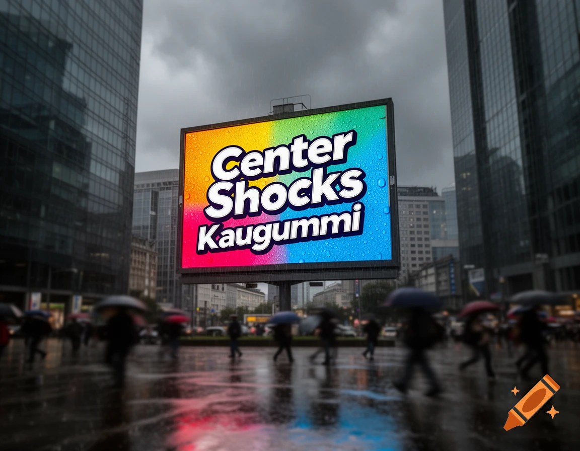 A large, vibrant digital billboard in a rainy city street displays "Center Shocks Kaugummi" on a rainbow background with raindrops, surrounded by blurred pedestrians with umbrellas.