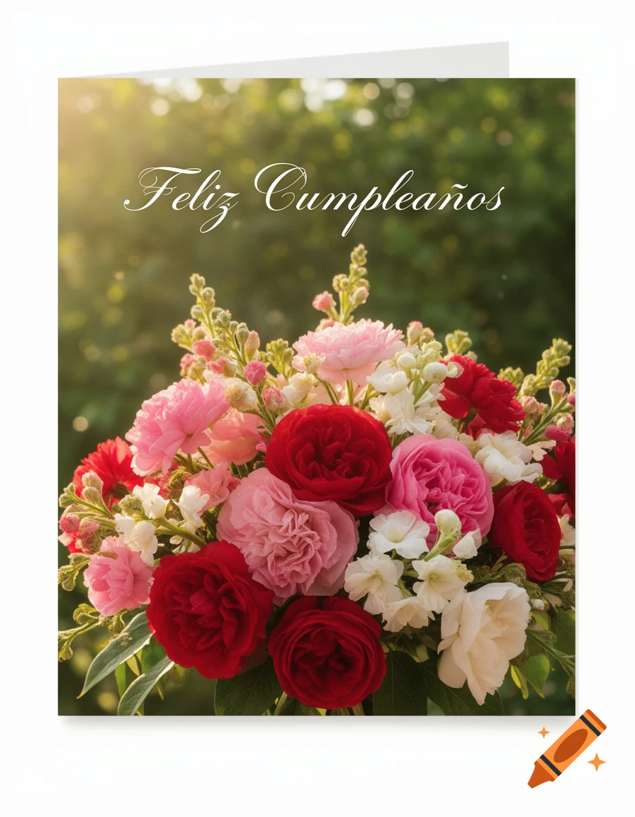 A birthday card with a bouquet of red, pink, and white roses, with 'Feliz Cumpleaños' text.