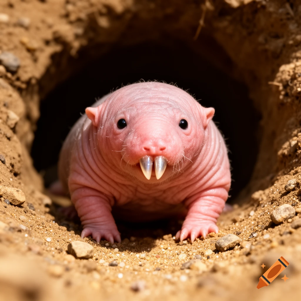 A photorealistic naked mole-rat with wrinkled pink skin and prominent front teeth emerges from a dark dirt burrow, looking forward.