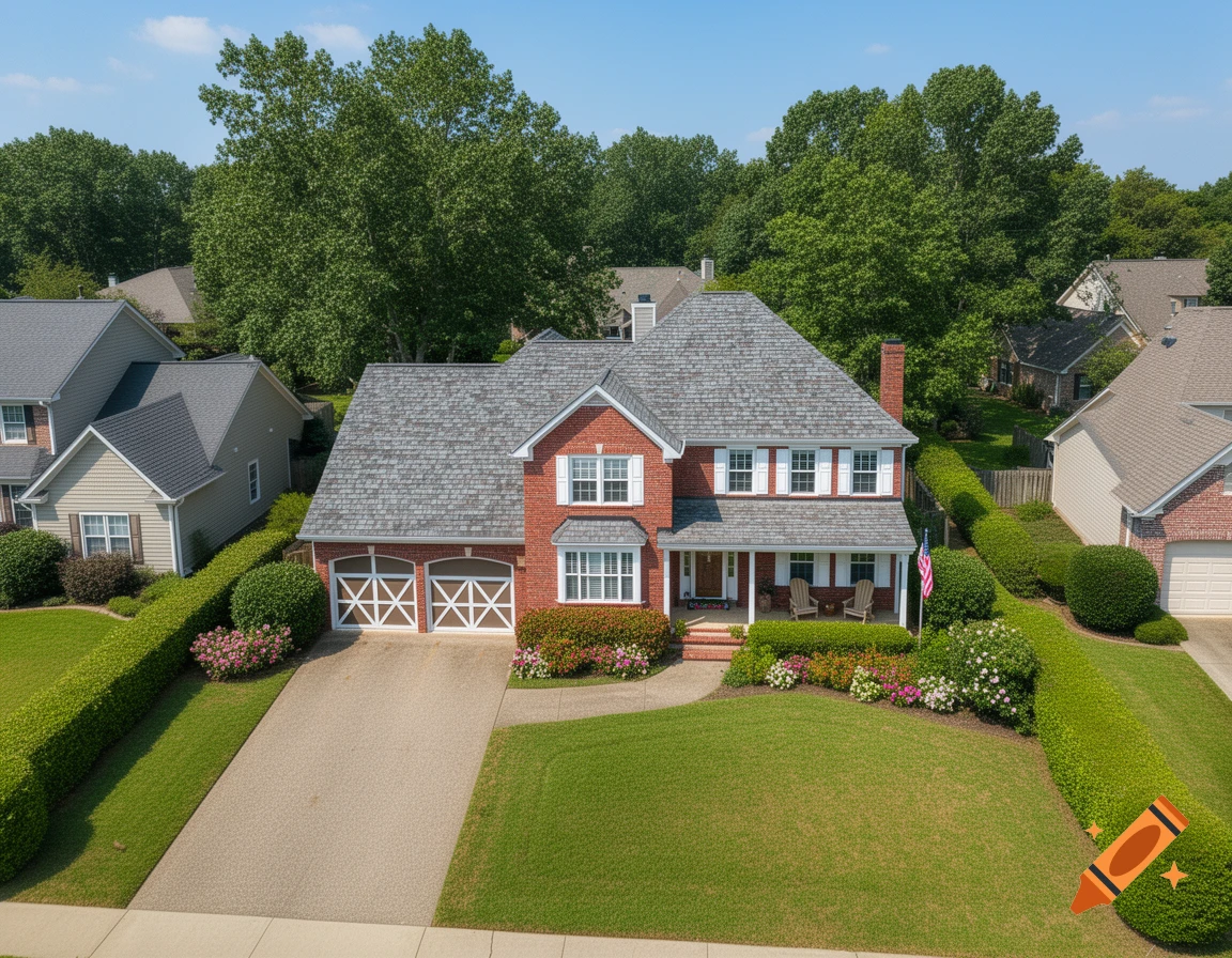 An aerial view of a two-story red brick suburban house with a gray roof, white trim, and a well-manicured lawn on a sunny day.