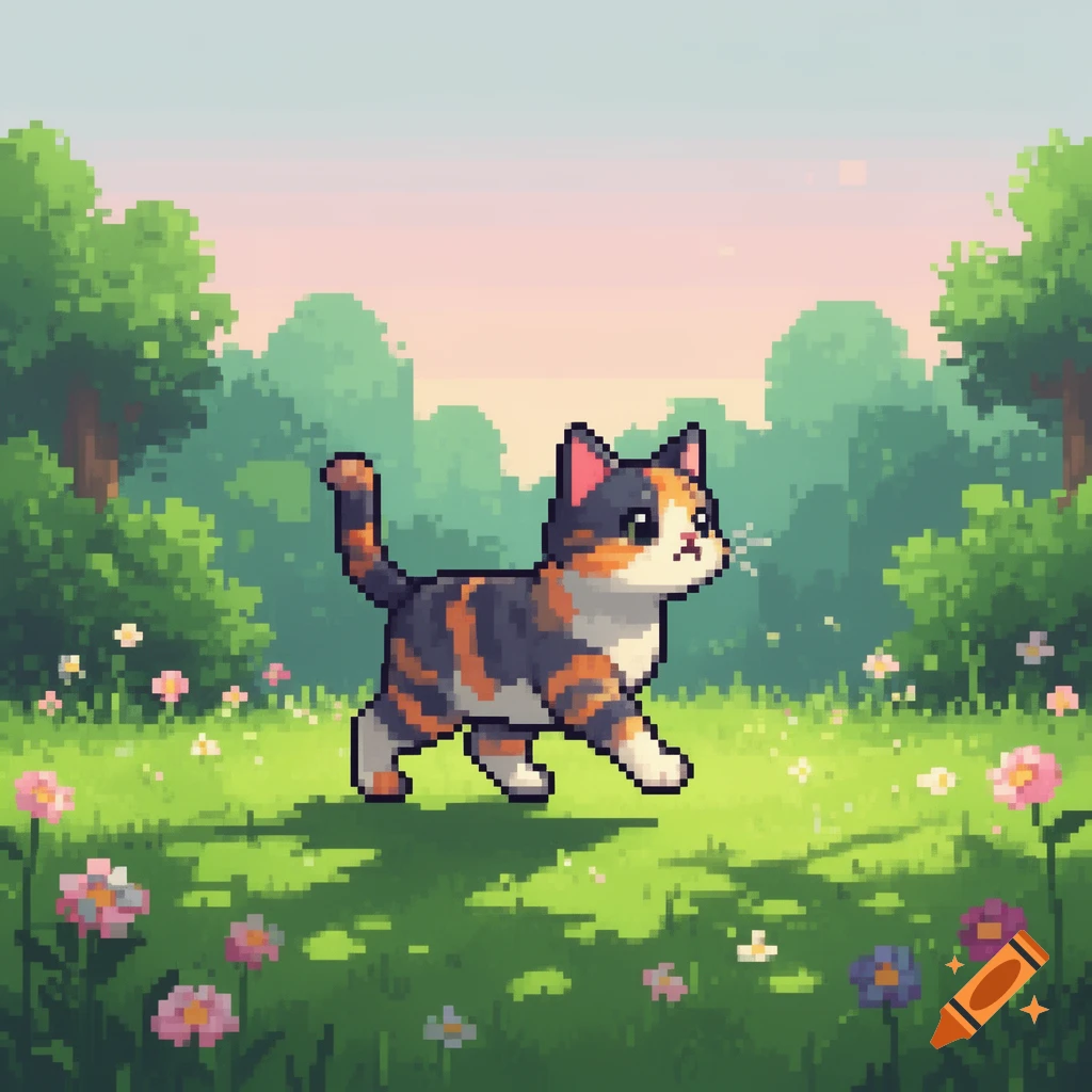 A cute pixel art calico cat walks through a grassy field with colorful flowers and trees under a pastel sky.