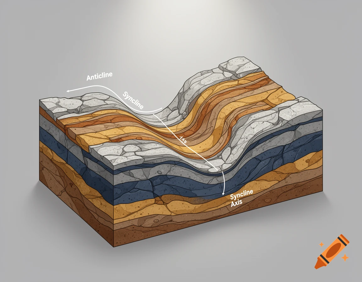 Geologic block diagram showing folded rock layers with labels for anticline, syncline, and syncline axis in an illustrative style.