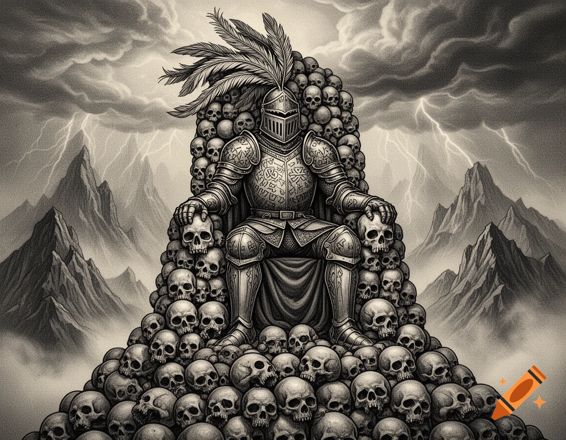 A dark engraving shows a knight in ornate armor seated on a throne made of skulls, set against stormy mountains with lightning.