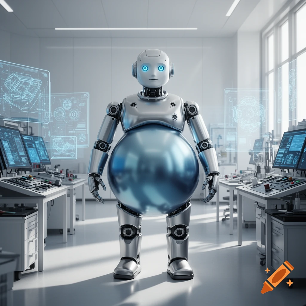 A photorealistic silver robot with a large, spherical metallic belly stands in a futuristic laboratory with glowing screens.