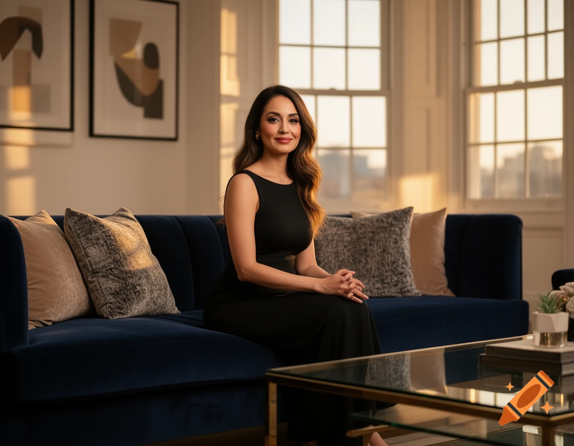 A woman in a black dress sits on a blue velvet sofa in a sunlit living room with abstract art and a glass coffee table.