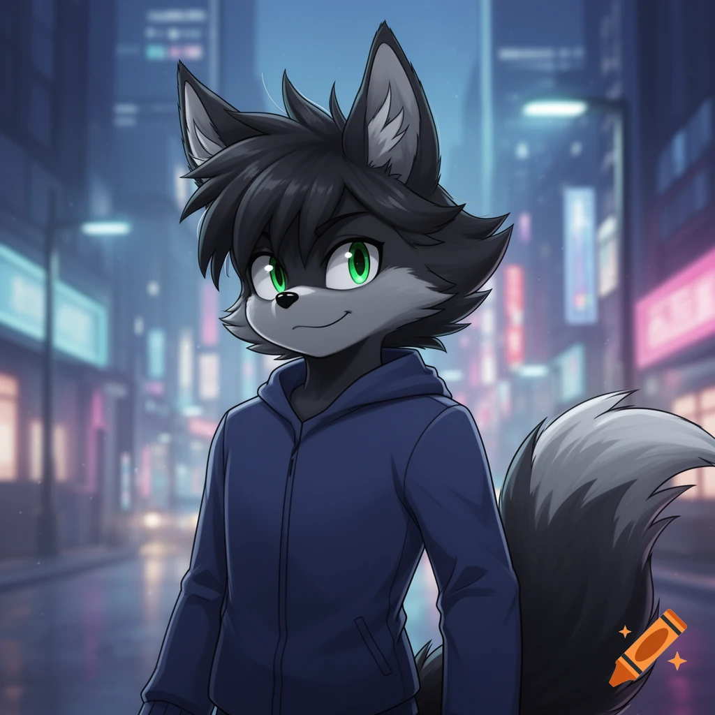 A dark-furred anthro fox character with green eyes and a blue hoodie stands on a city street at night in a furry anime style.