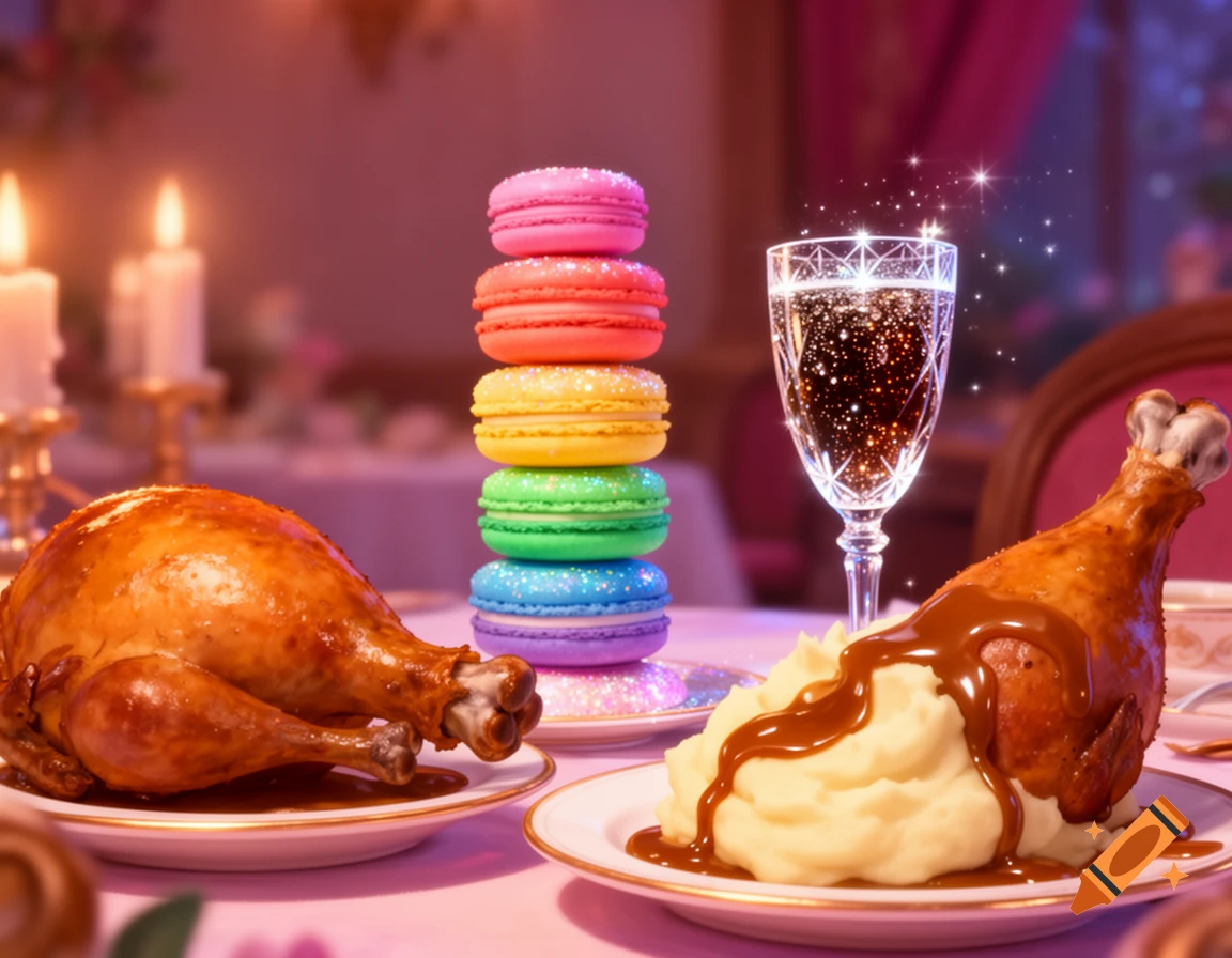A lavish dining table set with a roasted whole turkey, a plate with mashed potatoes, gravy, and a turkey leg, a stack of colorful macarons, and a sparkling drink in a whimsical setting.