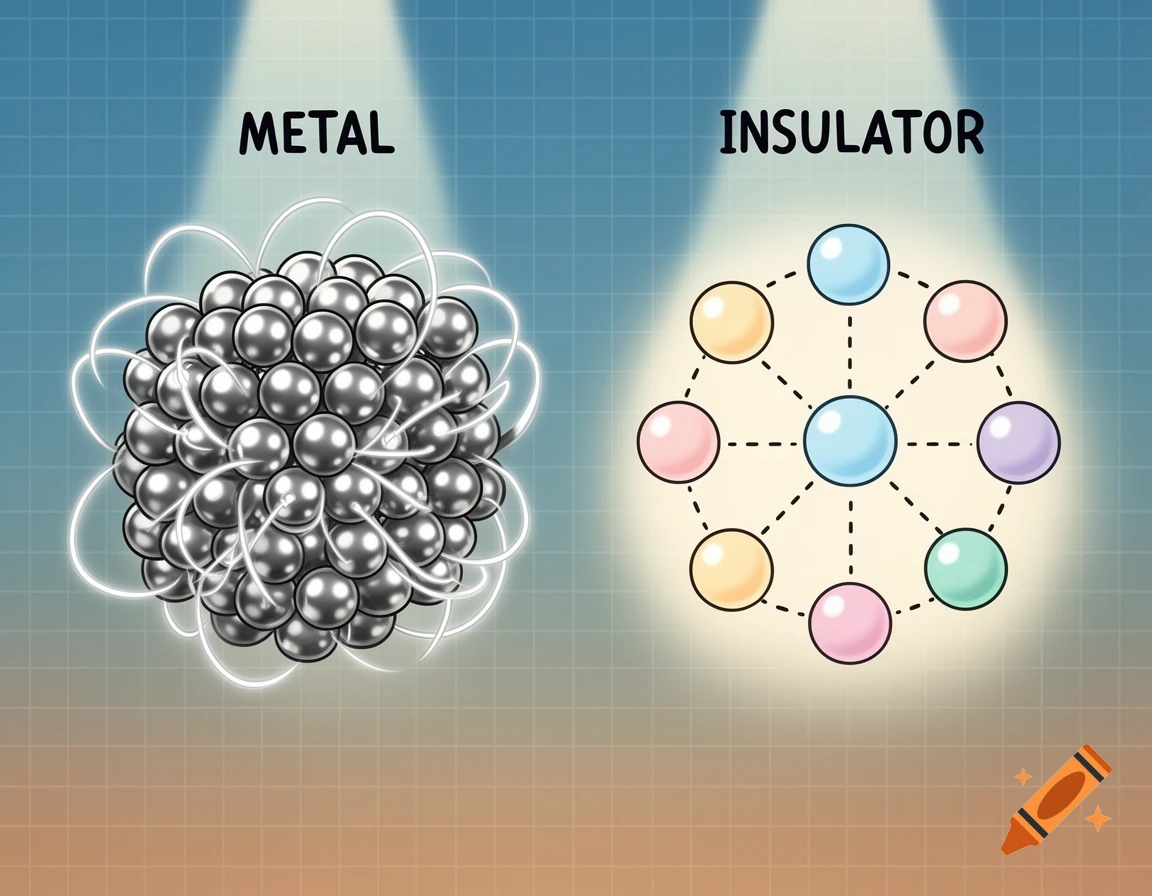 Cartoon illustration depicting atomistic models of a metal and an insulator.